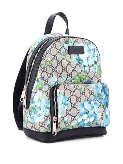 Pre-owned Gucci Zip Pocket Blooms Print Gg Coated Canvas Small Backpack In Blue