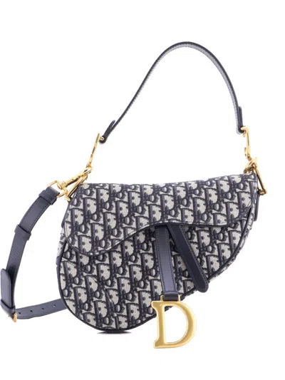 Pre-owned Dior Saddle Handbag With Strap Oblique Canvas Medium Shoulder Bag In Blue