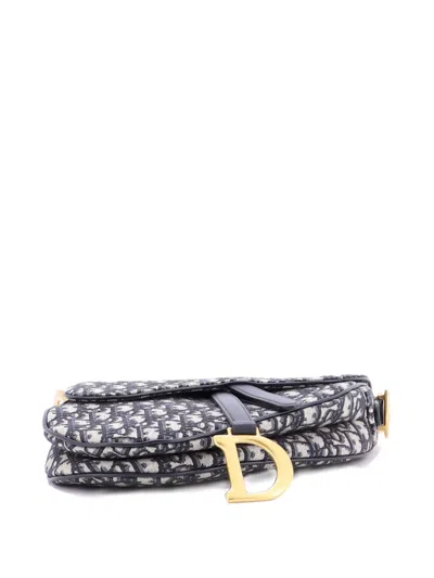 Pre-owned Dior Saddle Handbag With Strap Oblique Canvas Medium Shoulder Bag In Blue