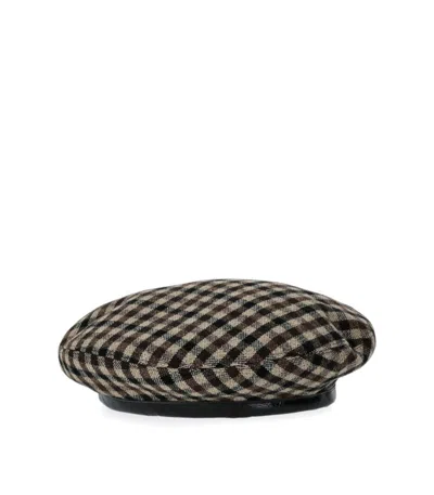 Ganni Checkered Wool Beret Featuring Buckle Detail In Brown