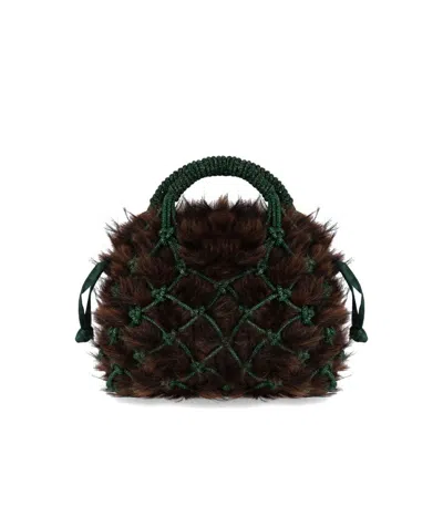 Kurt Geiger Plush Brown Clutch With Green Netted Cord Design And Gold Emblem In Green