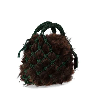 Kurt Geiger Plush Brown Clutch With Green Netted Cord Design And Gold Emblem In Green