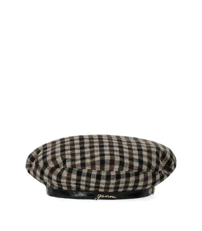 Ganni Checkered Wool Beret Featuring Buckle Detail In Brown