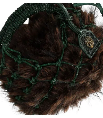 Kurt Geiger Plush Brown Clutch With Green Netted Cord Design And Gold Emblem In Green