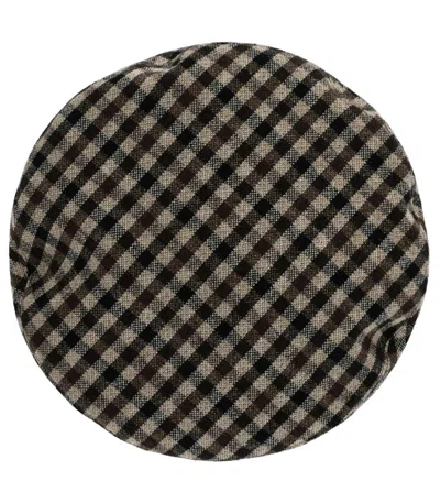 Ganni Checkered Wool Beret Featuring Buckle Detail In Brown