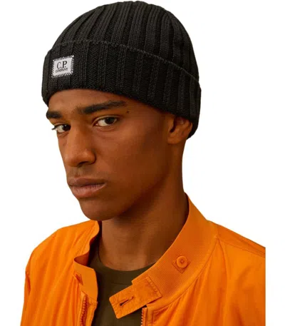 C.p. Company Black Ribbed Beanie In Black