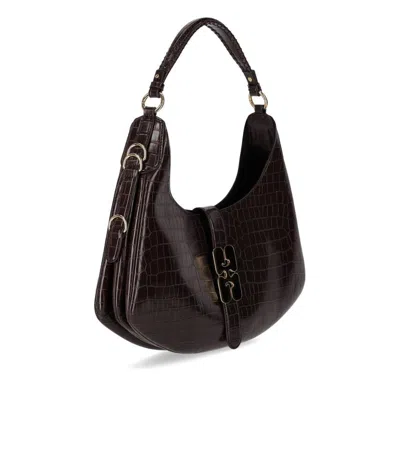 Ganni Kat Small Croco Chocolate Fondant Hobo Bag In Burgundy