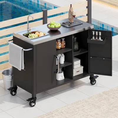 Streamdale Furniture Streamdale Outdoor Kitchen Island With Sink & Grill Cart In Black