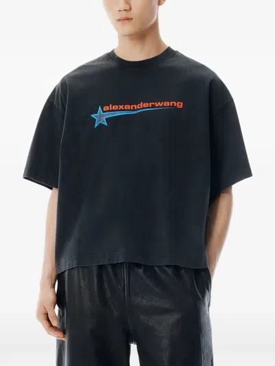 Alexander Wang Loose-fitting Black T-shirt With Graphic Design And Uneven Hem In Black