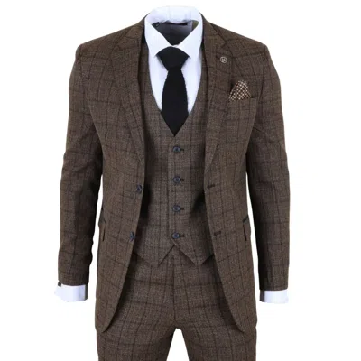 Truclothing 3 Piece Plaid Check Suit Tailored Fit Formal Set In Brown