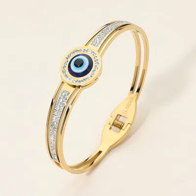 Fashnzfab Stainless Steel Cz Stone Paved Evil Eye Accent Hinged Bangle Bracelet - Gold In Multi