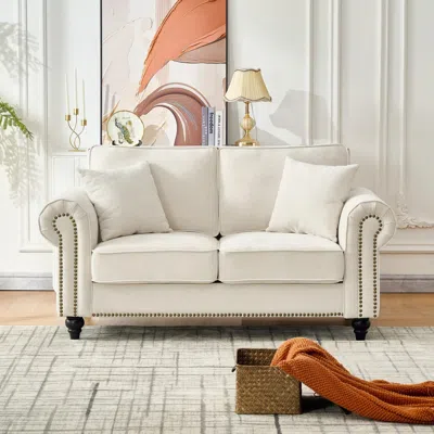 Streamdale Furniture Streamdale 63" Modern Chenille Sofa - Rolled Arms, Nailhead Trim - Beige In Neutral