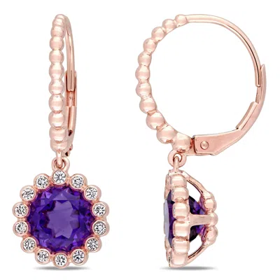 Mimi & Max African Amethyst 1/3ct Tw Diamond Halo Scalloped Earrings 14k Rose Gold In Gold