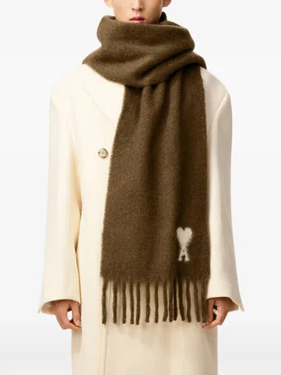 Ami Alexandre Mattiussi Rectangular Brown Alpaca Blend Scarf With Monogram Motif In Brown