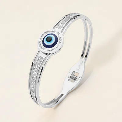 Fashnzfab Stainless Steel Cz Stone Paved Evil Eye Accent Hinged Bangle Bracelet - Silver In Multi