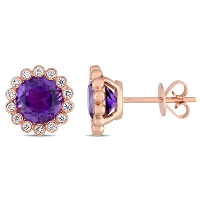 Mimi & Max African Amethyst 1/4ct Tw Diamond Scalloped Stud Earrings 14k Rose Gold In Multi