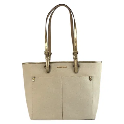 Pre-owned Michael Kors Beige Gold Canvas Shoulder Bag Tote Bag () In Multi
