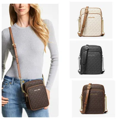 Michael Kors Jet Set Travel Black Mk Signature Pvc Medium Flight Crossbody Bag In Black