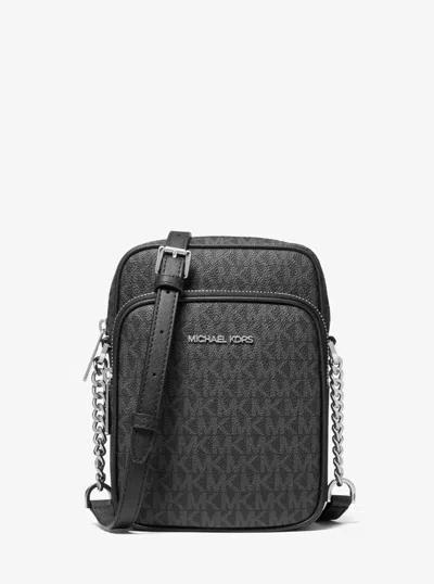 Michael Kors Jet Set Travel Black Mk Signature Pvc Medium Flight Crossbody Bag In Black