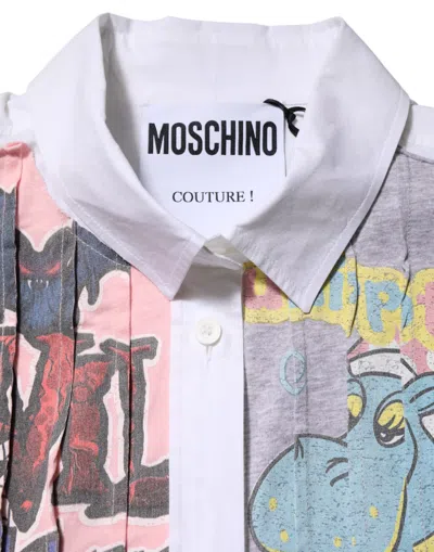 Pre-owned Moschino Couture White Printed Collared Button Mini Shirt Women's Dress ()