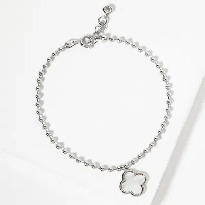 Fashnzfab White Gold Dipped Mother Of Pearl Quatrefoil Charm Bubble Chain Bracelet - Rhodium, White In Metallic