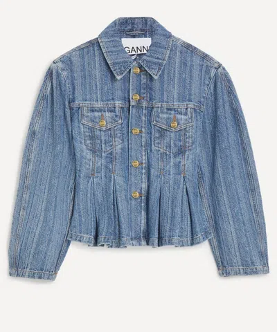 Ganni Striped Long Sleeve Collared Jacket In Blue