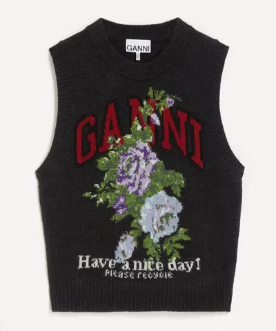 Ganni Flowers Grey Vest In Black
