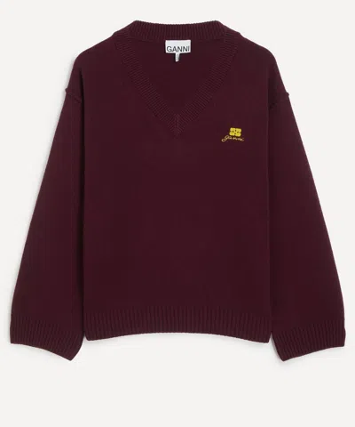 Ganni Burgundy Wool Mix V-neck Jumper In Red
