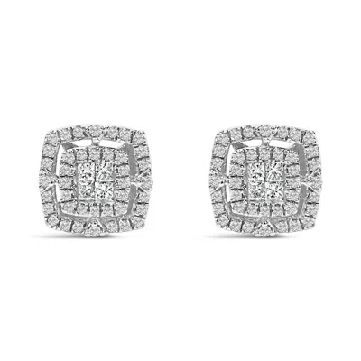 Haus Of Brilliance .925 Sterling Silver 1/4 Cttw Diamond Double Halo Cushion Shaped Stud Earrings In Metallic