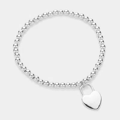 Fashnzfab Stainless Steel Heart Lock Charm Stretch Ball Bracelet - Silver In Silver