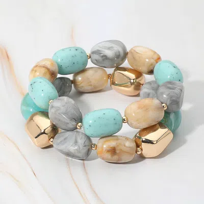 Fashnzfab 2pcs - Chunky Marbled Resin Metal Pebble Beaded Stretch Multi Layered Bracelets - Turquoise In Blue