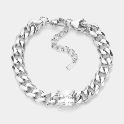 Fashnzfab Stainless Steel Cz Square Stone Accented Chain Link Bracelet - Rhodium In Metallic