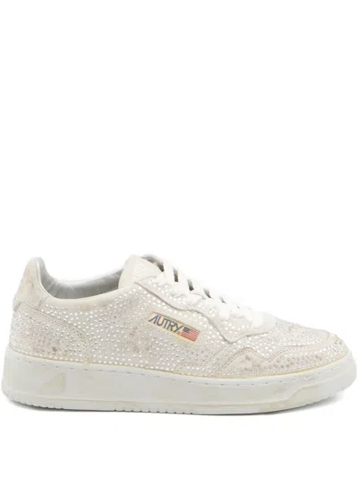 Autry Medalist Low Sneakers In Worn-out Effect Suede With Rhinestones In White