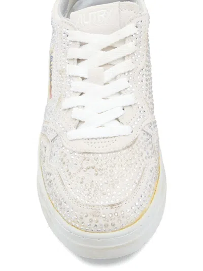 Autry Medalist Low Sneakers In Worn-out Effect Suede With Rhinestones In White