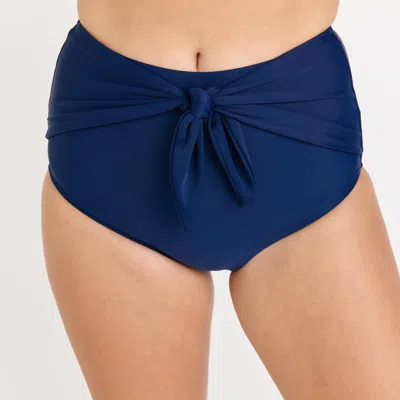 Calypsa Women's Plus Full Coverage High Waisted Bikini Bottom With Front Tie In Blue