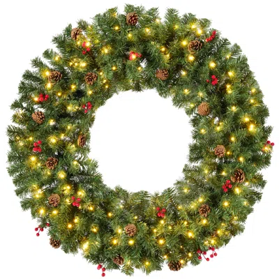 Best Choice Products 36in Pre-lit Christmas Wreath W/berries & Pinecones, Large Artificial Indoor/outdoor Decor, Plug-in In Green