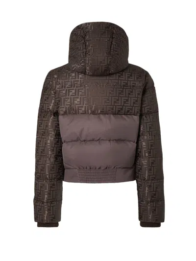 Fendi Women Brown Down Jacket With Drawstring Hood And Ff Motif In Tech Fabric Woman In Brown