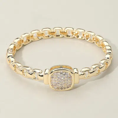 Fashnzfab Cz Stone Paved Square Center Accent Hinged Bangle Bracelet - Gold In Gold