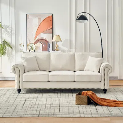 Streamdale Furniture Streamdale 86" Modern 3-seater Chenille Sofa With Rolled Arms & Nailhead Trim - Beige In White