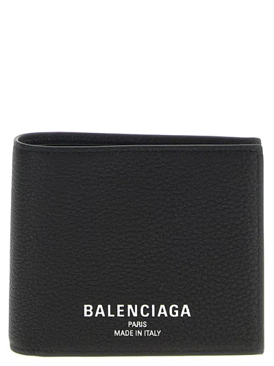 Balenciaga Men Black Bi-fold Wallet With Logo Lettering On The Front In Grained Leather Man In Black