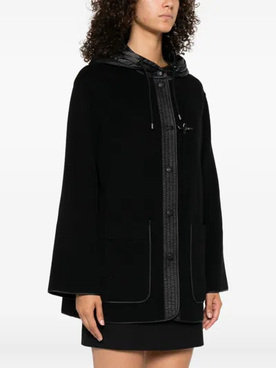 Fay Straight Silhouette Short Coat With Quilted Hood In Black
