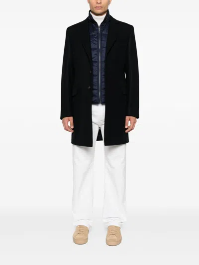 Fay Layered Navy Blue Coat With Button Fastening And Flap Pockets In Blue