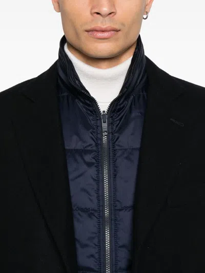 Fay Layered Navy Blue Coat With Button Fastening And Flap Pockets In Blue