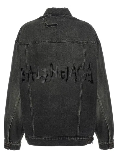 Balenciaga Distressed Denim Jacket With Collar And Pockets In Gray