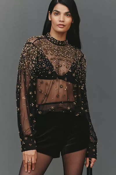 Farm Rio Mock-neck Sheer Embroidered Blouse In Black