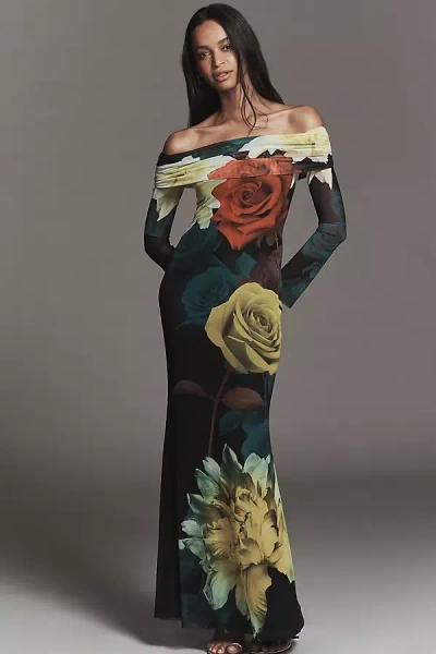 Afrm Long-sleeve Off-the-shoulder Mesh Maxi Dress In Multi