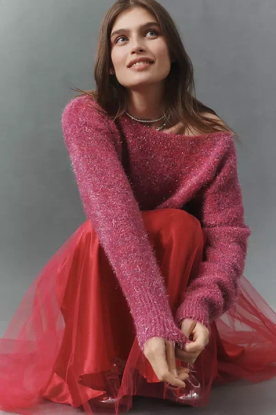 By Anthropologie Long-sleeve Boatneck Tinsel Sweater In Pink