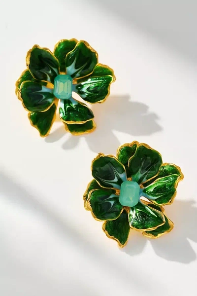 The Pink Reef Small Handpainted Jewel Box Flower Earrings In Green