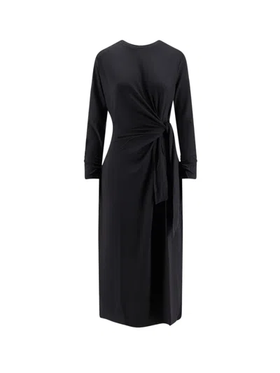 Hugo Boss Long Sleeve Midi Dress With Knot Detail In Black