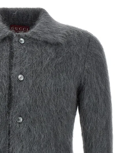 Gucci Men Grey Cardigan With Classic Collar And Brushed Effect In Mohair Blend Woman In Gray
